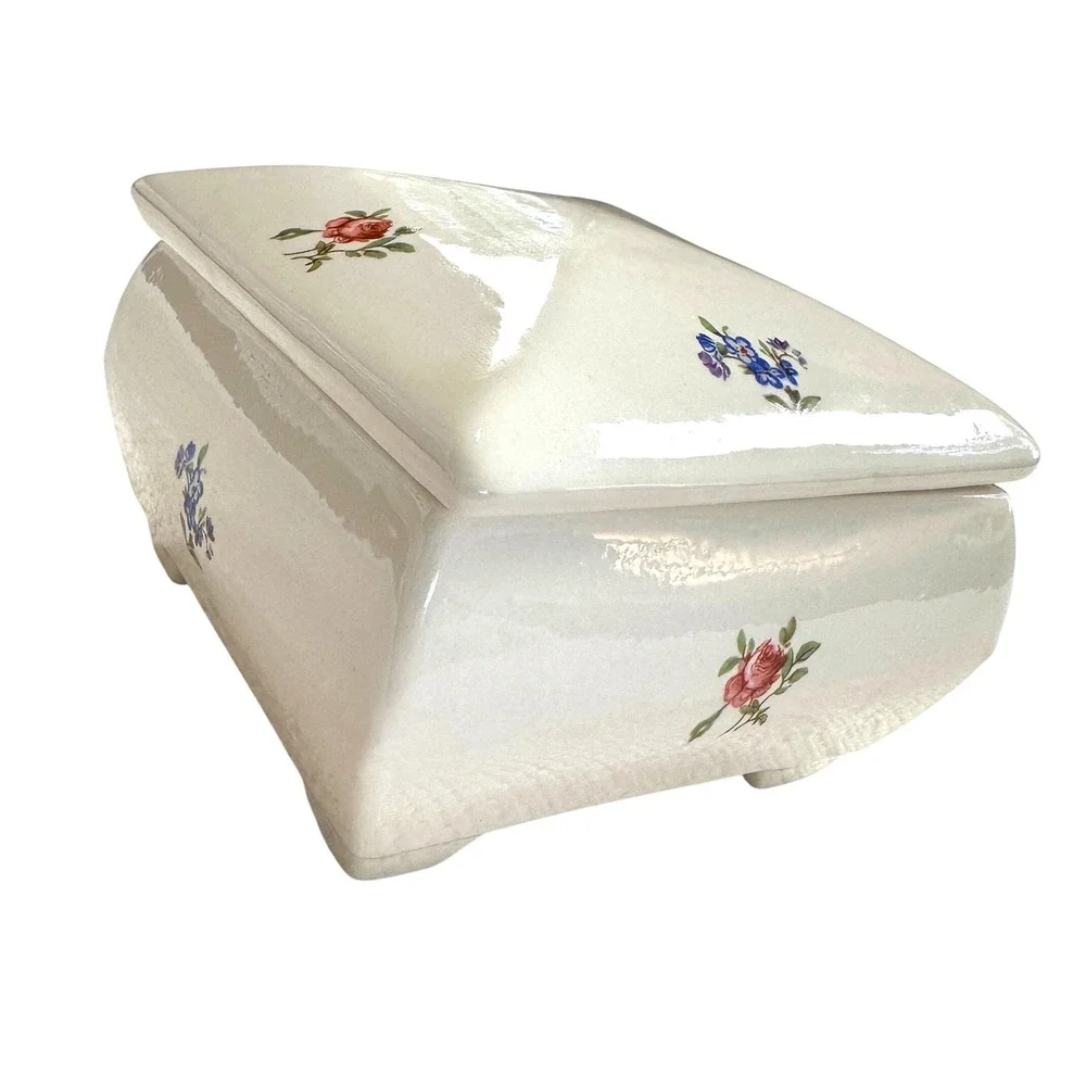 VTG 70s Ceramic Trinket Box Hand Painted Floral Jewelry Dish Signed 1973 Cottage